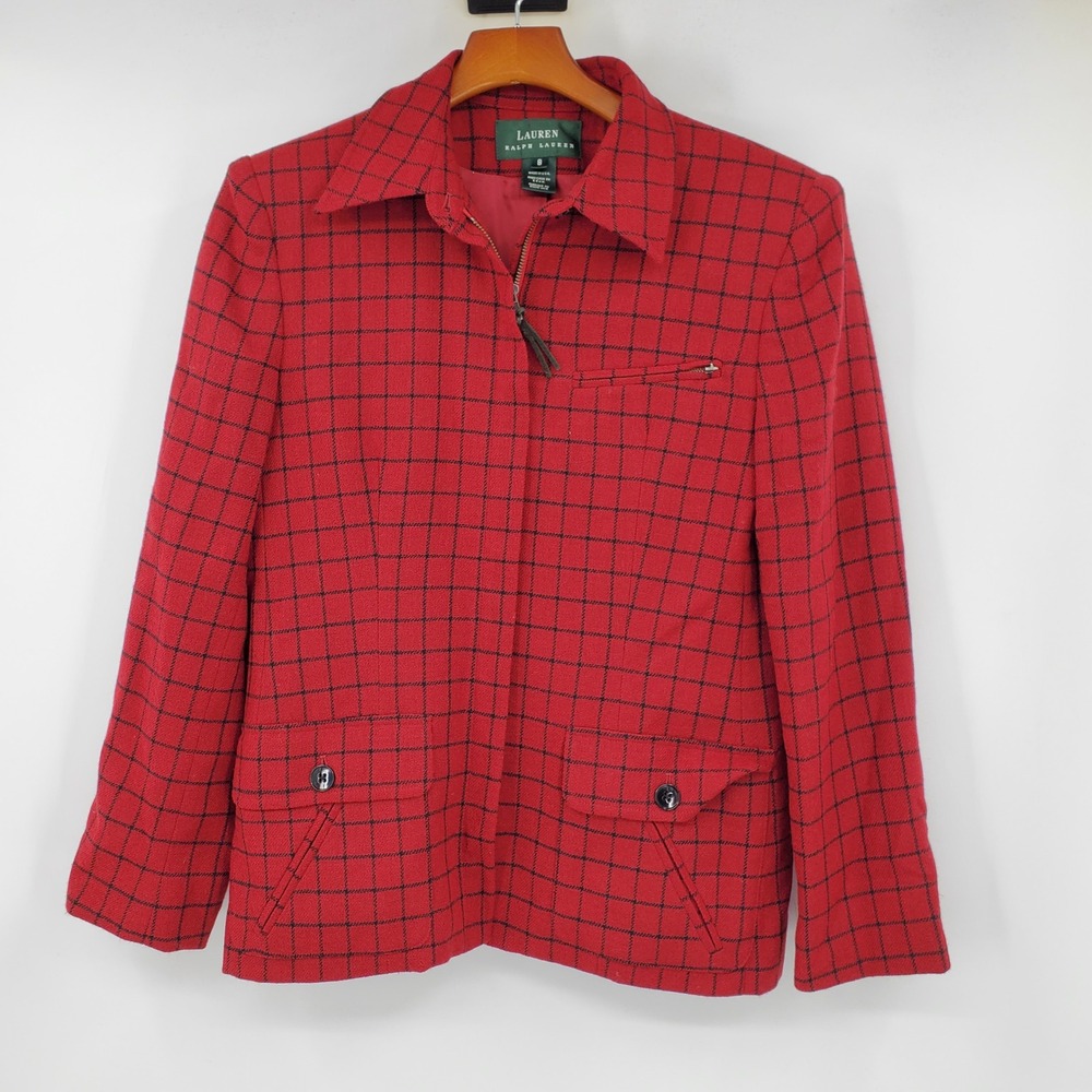 Vintage Lauren Ralph Lauren Red Plaid Wool Jacket Blazer Made USA 8 Windowpane